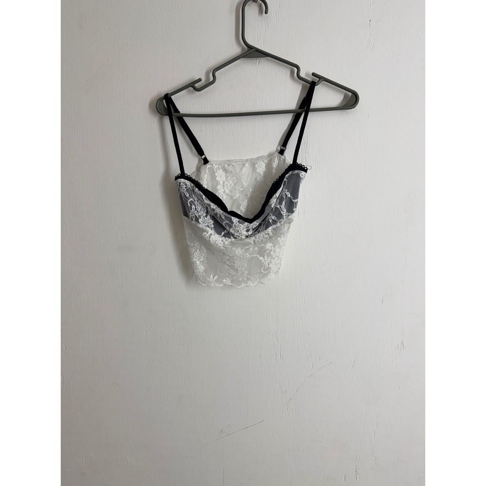 SHEIN White Floral Lace Cami Crop Top Black Contrast Straps Small S 4
